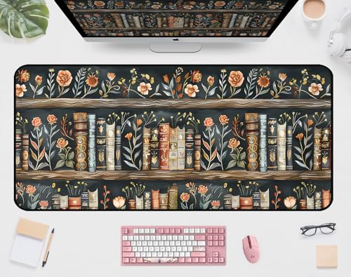 Vintage Flower Bookshelf Desk Mat, Library Book Mouse Pad Desk Pad, Extended Large Gaming Computer Laptop Keyboard and Mousepad, with Stitching Edges, for Women Office Desk Decor 31.5"X15.7" - color: Black Flowers