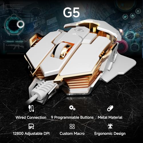 EWEADN G5 Wired Gaming Mouse with Adjustable Tail, 12800 DPI Programmable Computer Mouse with RGB Backlit, 9 Macro Buttons, Rapid Fire Key & Aluminum Base Ergonomic PC Mice for Laptop, PC-White - color: White