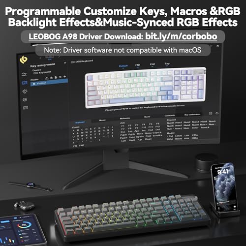 LEOBOG A98 Wireless Mechanical Keyboard, Tri-Mode BT5.0/2.4GHz/USB-C, Creamy Keyboard with Number Pad, Gasket Structure Hot Swappable, PBT Keycaps, RGB Backlit Black Gaming Keyboard with Knob for PC - color: Gradient Black