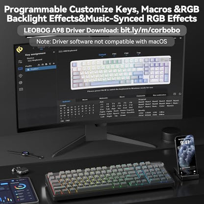 LEOBOG A98 Wireless Mechanical Keyboard, Tri-Mode BT5.0/2.4GHz/USB-C, Creamy Keyboard with Number Pad, Gasket Structure Hot Swappable, PBT Keycaps, RGB Backlit Black Gaming Keyboard with Knob for PC - color: Gradient Black