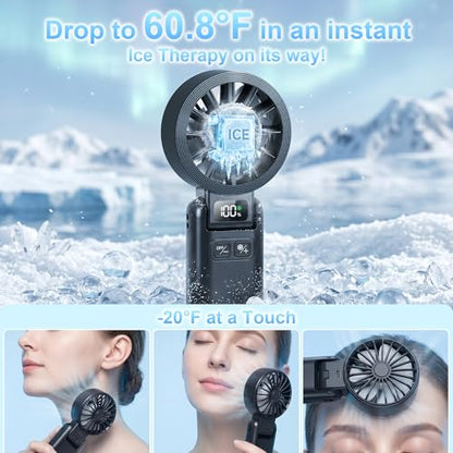 Pro Portable Handheld Fan with Ice Cooling, 5.5m/s High Speed Rechargeable Fan, Independent Switch, 135° Adjustable, 5-Speed, LED Display, Neck Personal for Travel Essentials, Concerts, Sports Events - color: Dark Black