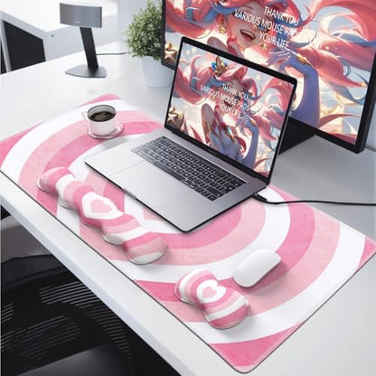 iLeadon Desk Mat Set, Pink Heart Mouse Pad and Keyboard Wrist Rest | Large Gaming Mouse Pad + Keyboard Wrist Rest + Mouse Pad with Wrist Support + Coaster,Easy Typing Pain Relief - color: Pink Heart