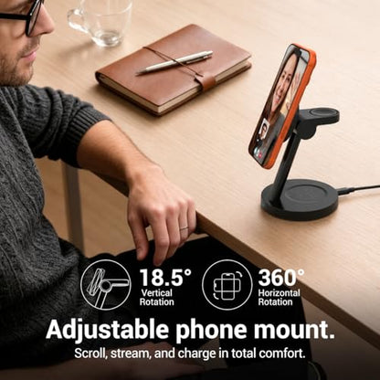 Qi2 25W 3 in 1 Wireless Charging Station for iPhone Samsung | 2-year warranty, MagSafe, strong magnet, 18.5° tilt adjustment, 45W PD adapter, ideal for nightstand office desk travel