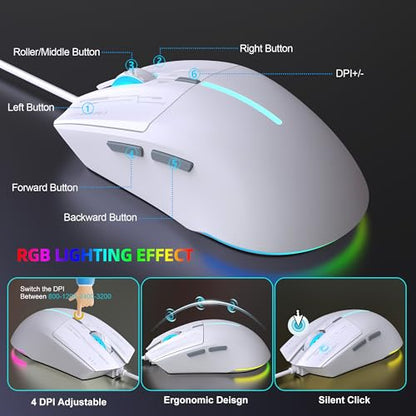 Snpurdiri 75% Wired Gaming Keyboard and Mouse Combo (Black Grey White) | 81-Key Compact Gaming Keyboard, Retro Round Keycaps Ice Blue Backlit Keyboard for Laptop, Easy to Carry on Business Trip - color: Black Grey White