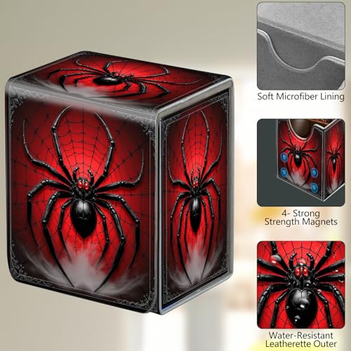 Card Deck Box, Card Storage Box Fits 100+ Single Sleeved Cards, Large Capacity PU Leather Card Storage Box with Strong Magnet for Magic Commander TCG/CCG, Red Spider - color: Spider