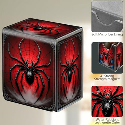 Card Deck Box, Card Storage Box Fits 100+ Single Sleeved Cards, Large Capacity PU Leather Card Storage Box with Strong Magnet for Magic Commander TCG/CCG, Red Spider - color: Spider