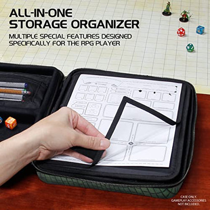 ENHANCE RPG Organizer Case - DnD Binder with Built-in Character Sheet Holder and Erasable Scribe Panel, Dice Rolling Area, Removable Pen Pouch, Miniature Foam Tray, Wrist Strap - color: Dragon Green