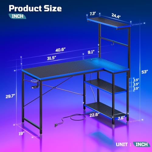 42" L-Shaped Gaming Desk with Power Outlets LED Lights, Black&Blue | Reversible Design, LED Lights, 4-Tier Storage Shelves, Headphone Hook, Foldable Cup Holder, Home Office, Small Space - color: Black&blue, size: 42 Inch