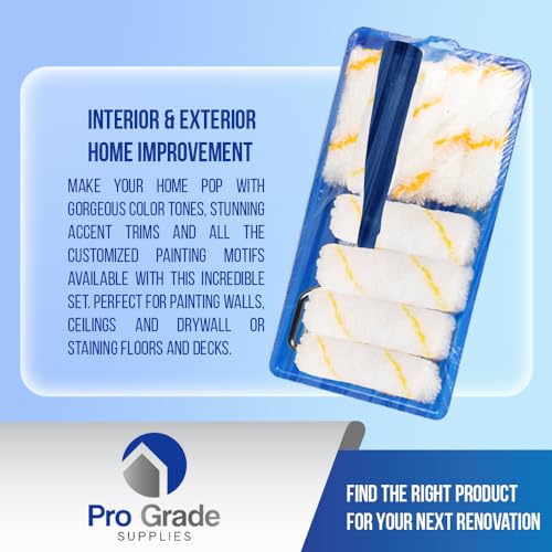 Pro Grade Mini Paint Roller Kit, 4" 1/2" Nap Roller Covers, Trim, 10 Piece | Includes 4-inch frame, tray & 8 sleeves | Cabinets, doors, edging & tight spaces | Interior & exterior - size: Mini Kit