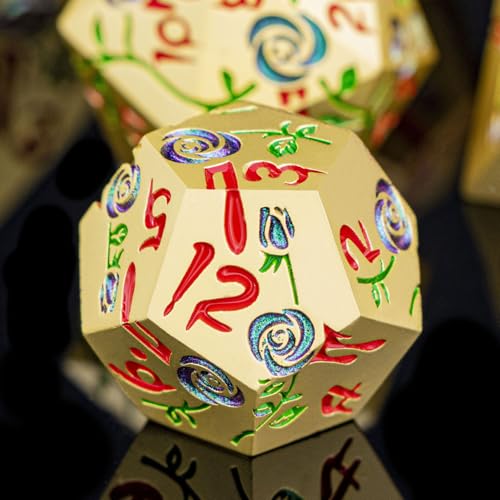 Gothic DND Dice Set Bleeding Rose Metal D and D Dice for use with Dungeons Dragons D&D Role Playing Game, Purple Green RPG Polyhedral Dice Set D20 D12 D10 D8 D6 D4 - color: Purple Green&gold&red Numbers