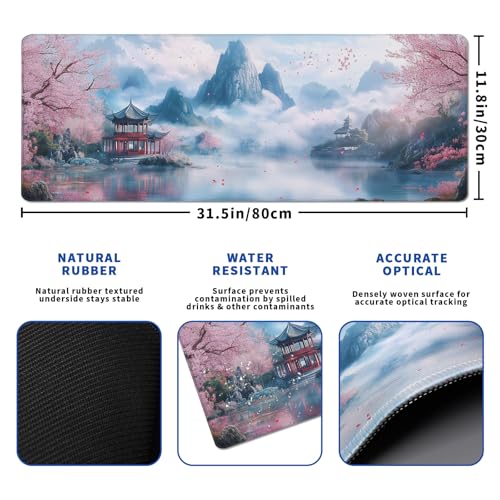 Cherry Blossom Watercolor Mouse Pad Abstract Big Mouse Pad 31.5x11.8 Inch Landscape Texture Non-Slip Rubber Base Large Mousepad Stitched Edges Keyboard Mouse Mat Desk Pad for Office and Home - color: Cherry Blossom Watercolor