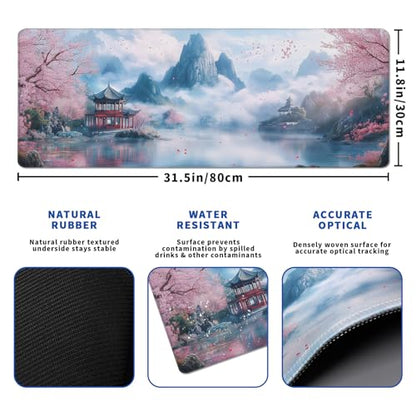 Cherry Blossom Watercolor Mouse Pad Abstract Big Mouse Pad 31.5x11.8 Inch Landscape Texture Non-Slip Rubber Base Large Mousepad Stitched Edges Keyboard Mouse Mat Desk Pad for Office and Home - color: Cherry Blossom Watercolor