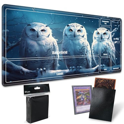 Board Game Mat TCG Playmat Plus 50 Pcs Card Sleeves, 24 x 14 inches Table Mats Games Mousepad with Zones Smooth Surface for MTG RPG CCG Trading Card Game Play Mats, Snow Owls - color: Snow Owls, size: Zone 1