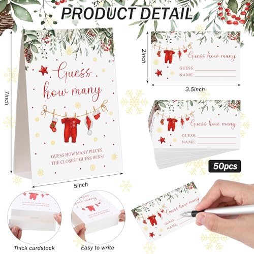 Christmas Guess How Many Baby Shower Game Pack of 1 Tabletop Sign with Stand and 50 How Many Cards, Christmas Gender Reveal Party Game Decorations(Santa) - style: Santa