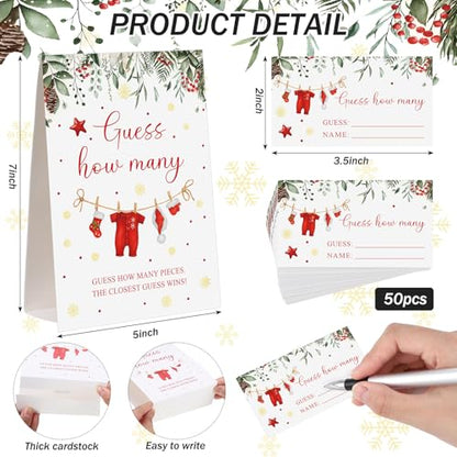 Christmas Guess How Many Baby Shower Game Pack of 1 Tabletop Sign with Stand and 50 How Many Cards, Christmas Gender Reveal Party Game Decorations(Santa) - style: Santa