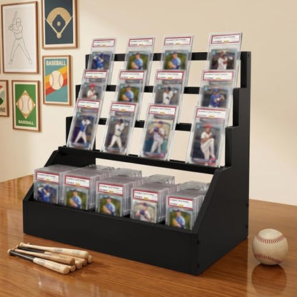 Trading Card Display Stand with 5-Row Storage，3-Tier Large Capacity Graded Card Display，Wooden Cards Display Stand for Soprts Cards Collection & Show