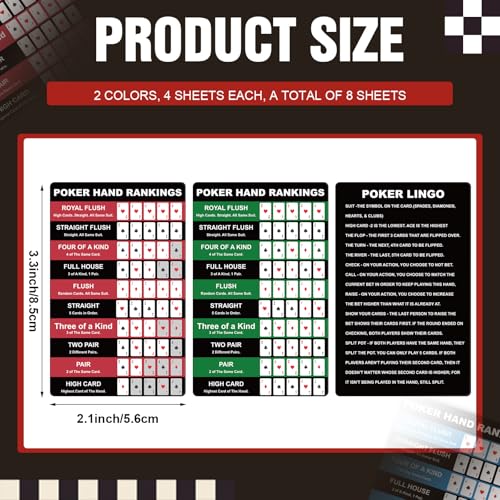 Booson 8Pcs Poker Hand Rankings Chart Rules Plastic Cheat Sheet Cards Reusable Hands Ranking Guide Card for Beginners Texas Hold Game Table Accessories - color: Red and Green