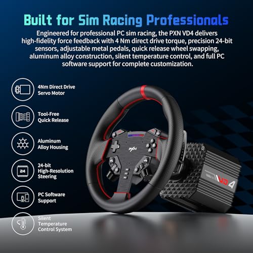 PXN Direct Drive Racing Wheel, VD4 Bundle - 4Nm Force Feedback | Servo Motor Base, 11-Inch Steering Wheel, Hall Effect 2-Pedal Set, Desk Clamp Mount - PC Sim Racing Bundle for Windows 7-11