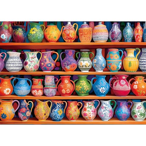 MINIWAN Hand-Painted Floral Pottery Vases Jigsaw Puzzles for Adults 1000 | Colorful Painted Ceramic Jugs On Shelves, Gift for Pottery & Art Lovers, 27.5 x 19.7 Inches, Vibrant - color: Colorful Vases