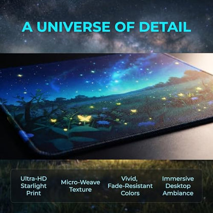 XXL Gaming Mouse Pad 23.6x11.8 inch,Dazzling Starry Sky Landscape Theme Desk Mat,Glowing Butterfly Flower Scene Large Mousepad,Fantasy Artistic Keyboard Mouse Mat (Deep Indigo Starry Sky) - color: Deep Indigo Starry Sky