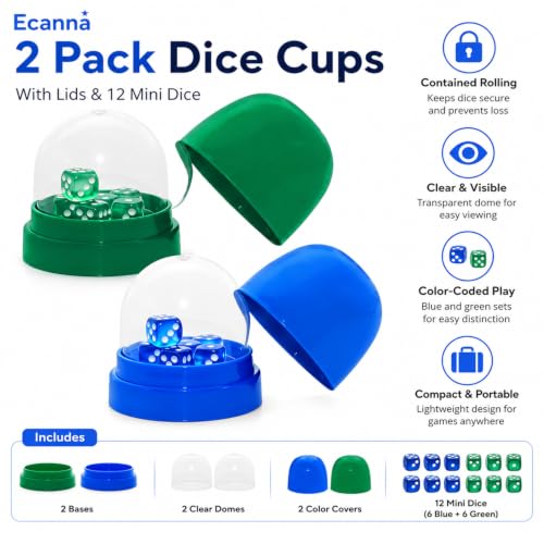 2 Pack Dice Cups with Lids, 12 Dice, Blue and Green Shaker Set | 2 color-coded shakers with clear domes and 12 dice for cleaner, easier rolling at home, school, or on the go.