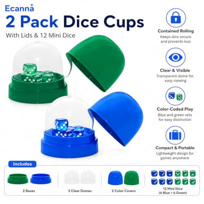 2 Pack Dice Cups with Lids, 12 Dice, Blue and Green Shaker Set | 2 color-coded shakers with clear domes and 12 dice for cleaner, easier rolling at home, school, or on the go.
