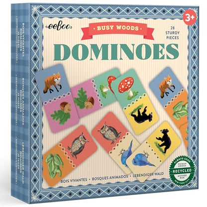 eeBoo: Dominoes: Busy Woods - 28 Colorful Tiles, Animal & Nature Themed, Classic Matching Family Game, Tile Laying, Kids Ages 3+, 2-4 Players