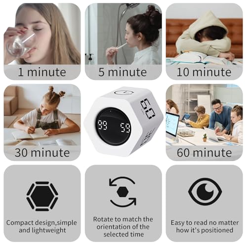 Productivity Timer Flip Gravity Sensor Cube Timer Countdown & Countup,Mute & Vibrate & Sound，5/10/30/60min & Custom Timing, Perfect for ADHD,Work,Learning,Kitchen Cooking (2, White Hexagon) - color: White*2 Hexagon