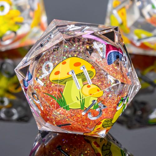 OUKELANWO Liquid Core Mushroom DND Dice Set D&D, 7Pcs Resin Sharp Edge Dice with Gift Box, Dungeons Dragons D and D Role Playing Gaming Dice D20 D12 D10 D8 D6 D4, Orange and Yellow - color: Orange and Yellow