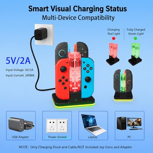 4 in 1 Charging Dock Compatible with Nintendo Switch 2/Switch 1 for Joy Con & JoyCons 2 Magnetic Fast Controller Charger Dock Station with RGB Light