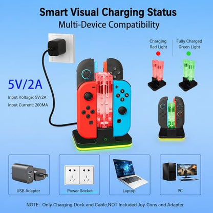 4 in 1 Charging Dock Compatible with Nintendo Switch 2/Switch 1 for Joy Con & JoyCons 2 Magnetic Fast Controller Charger Dock Station with RGB Light