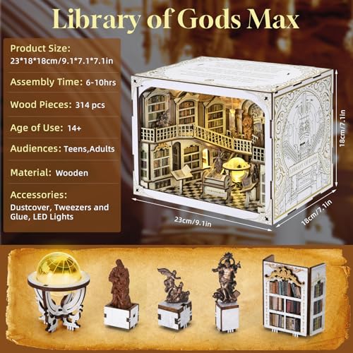MiniCity Library of Gods Book Nook Kit, DIY Wooden Miniature Scene with LED | Build an abbey library in 6-8 hr; 314-piece kit includes LED, dust cover, glue/tools and guide for shelf display, ages 14+. - style: Library of Gods Max