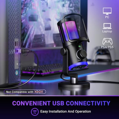 FIFINE Gaming PC Microphone, USB Streaming Microphone with Game Chat Balance, Computer Condenser Desktop RGB Mic with Mute Button, Noise Cancellation for Podcast/Twitch/Discord-AMPLIGAME AM6
