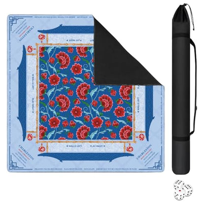 Mahjong Mat for Table with Carrying Bag & 3 Dice, Blue Red Floral 31.5"x31.5" Square Rubber Mahjong Table Cover, Non-Slip & Noise Reduction Gaming Mat for Mah Jongg, Poker, Dominoes & Tile Games - color: Blue and Red