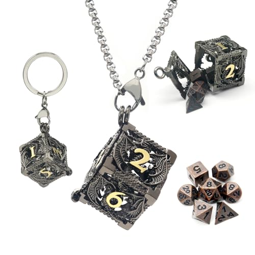 Haxtec Mini Metal DND Dice Set, D6 Hollow Cage Pendant Necklace & Keying | Portable 6mm Micro 7PCS D&D Dice, Cool Charm DND Accessories, For RPG Travel, Unique Gifts for Dungeons and Dragons Players - color: Black & Antique Copper