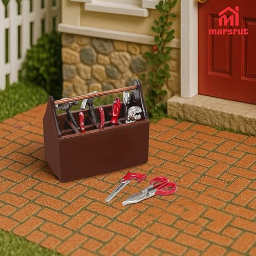 Miniature Tool Box Dollhouse 1/12 Scale Kit Set, 8Pcs Metal Working Tools with Mini Wood Toolbox, Doll Garage Accessories, Tiny Model for House Building, Garden Outdoor Repair, Rustic Farm Crafts