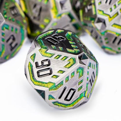 Metal DND Sci-fi Dice Set 7PCS Stripe Polyhedral Dice for Dungeons Dragons RPG Role Playing Game, Glitter D and D Dice with Gift Box D6 D8 D10 D12 D20 (Grey&Green Yellow) - color: Silver Gray - Yellow Green