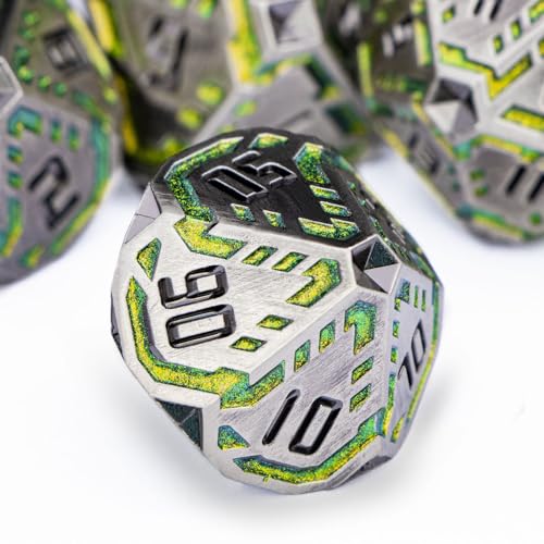 Metal DND Sci-fi Dice Set 7PCS Stripe Polyhedral Dice for Dungeons Dragons RPG Role Playing Game, Glitter D and D Dice with Gift Box D6 D8 D10 D12 D20 (Grey&Green Yellow) - color: Silver Gray - Yellow Green