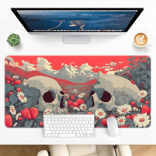 Large Gaming Mouse Pad, XL Desk Protector, Non-Slip Base | 31.5x15.7 in Extended Desk Mat with Stitched Edges for Keyboard, Work, Game, Office, Home PC and Laptop - color: Skull Strawberries