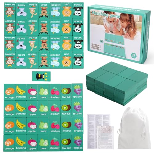 Wooden Dominoes Memory Matching Game for Toddlers 3-6, 57 Pcs Fruit Animal | 3-in-1 Topple Board Games with Storage Bag, Interactive Preschool Educational Toys, Family Reunion Games Gifts for Kids