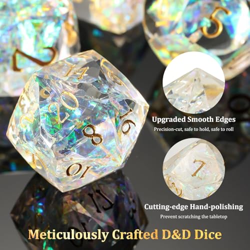 MoKo Resin DND Dice Set, 7PCS Sharp Edge Polyhedral, Amber | Gold Numbers, D&D RPG Tabletop Games, Gift Box Storage Bag, D20 D12 D10 D8 D6 D4 D% - color: 3 - Amber