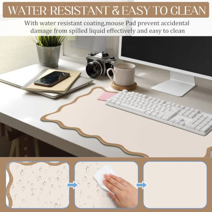 Hahafelt Scalloped Desk Mat Large Desk Pad Cute Coquette Table Mat Back to School Preppy Table Make up Pad Nonslip Graduation Gift with Stitching Waterproof Gaming(Beige,23.6 x 13.8 Inches) - color: Beige, size: 23.6L x 13.8W inches