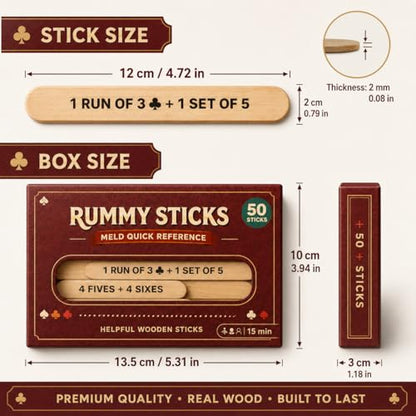 Rummy Sticks Card Game Set with 50 Sticks, for 2-8 Players, Portable Travel Game with Box and Instructions for Family Game Night and Gatherings