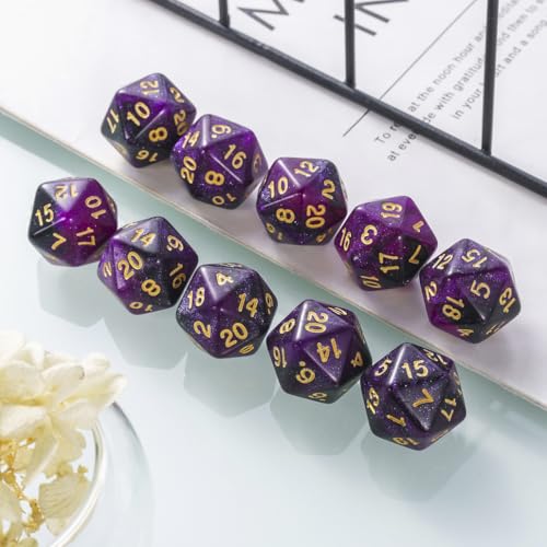 10 Pieces Polyhedral Dice Set D20 Dice 20mm Acrylic 20 Sided Game Dice for Dungeons and Dragons RPG MTG DND Dice Table Games (Starry Purple Black) - color: Starry Purple Black
