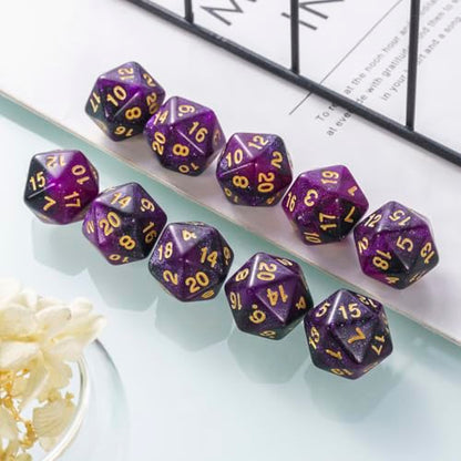 10 Pieces Polyhedral Dice Set D20 Dice 20mm Acrylic 20 Sided Game Dice for Dungeons and Dragons RPG MTG DND Dice Table Games (Starry Purple Black) - color: Starry Purple Black