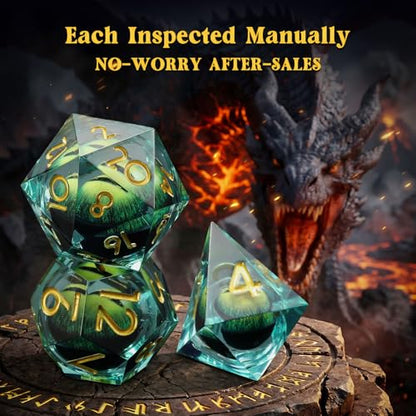 MoKo Liquid Core DND Dice Set 7PCS, Green + Gold | Sharp Edge Resin Polyhedral, D20 D12 D10 D8 D6 D4 D%, Gift Box Included, Compatible with Dungeons and Dragons RPG - color: 1 - Green + Gold