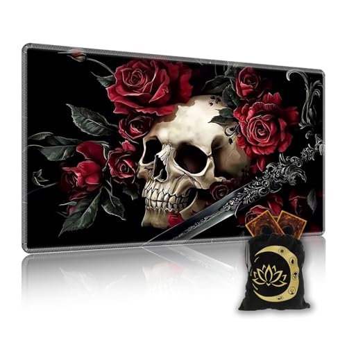 for MTG Playmat in Storage Bag, Commander Board Game Play Mat Desk Pad, Hand-Painted Stitched Edges Aged Map 27.6x15.7 in,Ideal for TCG/MTG/CCG/RPG Game Playmat, Skull Rose - color: Skull Rose, size: 15.7*27.6 in
