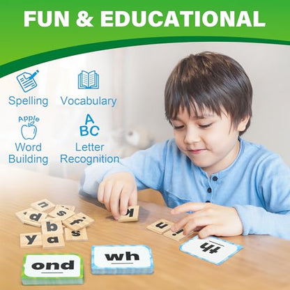 BenBen Family Spelling Games with 112 Flash Cards & Wooden Letter Tiles, CVC Sight Word Building Phonics Game for Kids Ages 4+ & Adults, 1–4 Players, Learning Toys for Home or Classroom
