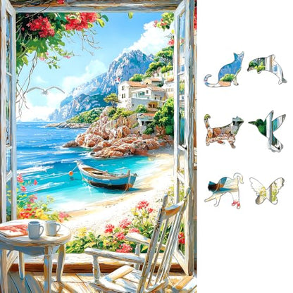 500 Piece Puzzle for Adults, Mediterranean Coastal Beach 500 Piece Jigsaw Puzzle, Vibrant Ocean Window View with Boat and Blooming Flowers Puzzle, Perfect for Family Game Night - color: Coastal Beach