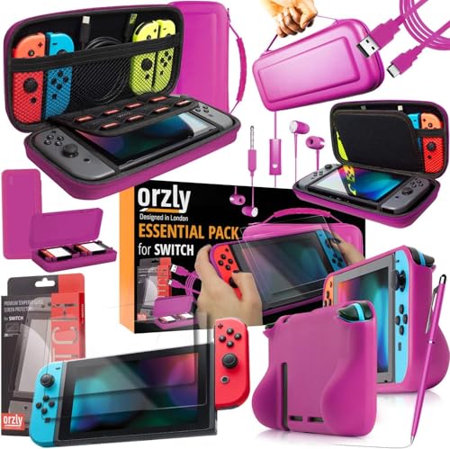 Orzly Essential Accessories Bundle for Nintendo Switch 1 & OLED, Pink | Carry case, Screen protectors x2, Comfort grip case, Game cartridge case, USB charging cable, Wired earbuds, Stylus pen - color: Pink, size: 6.2 inch Switch 1